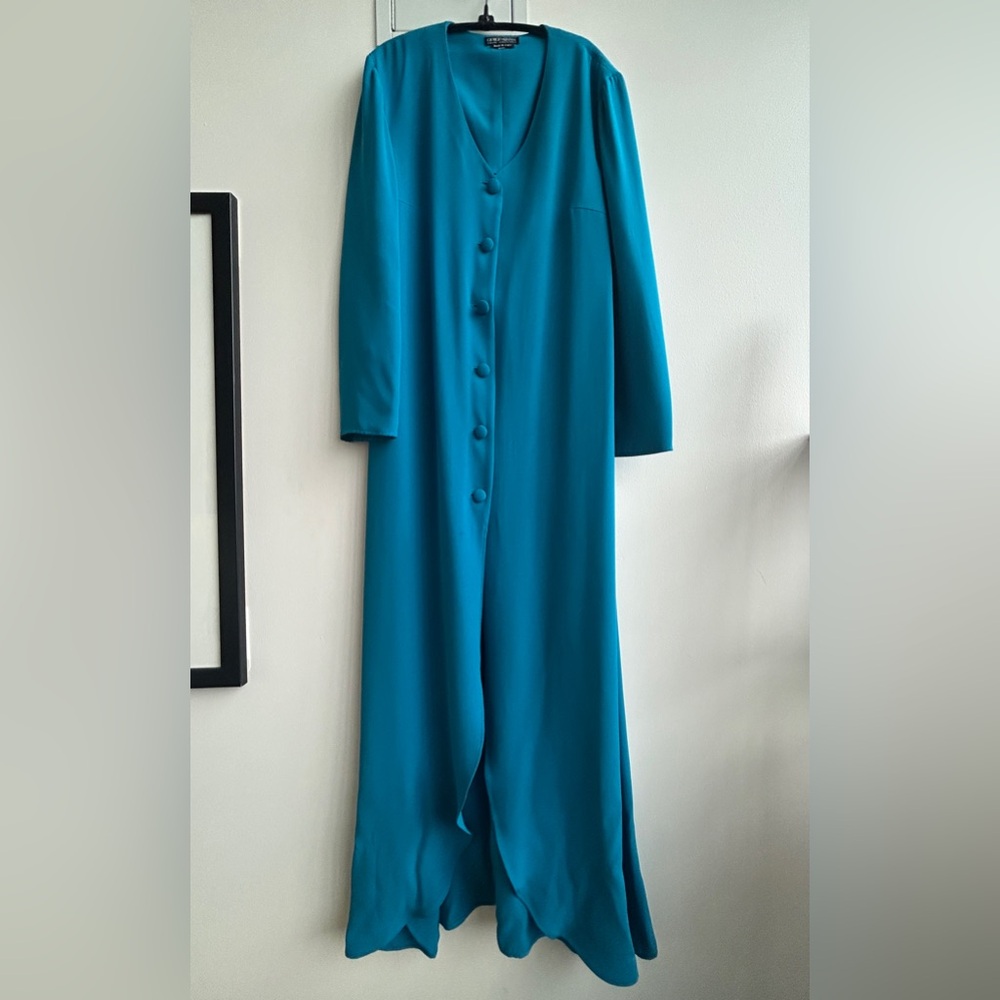 Giorgio Armani Silk Maxi Dress Teal Blue Button Front Made in Italy IT 50
